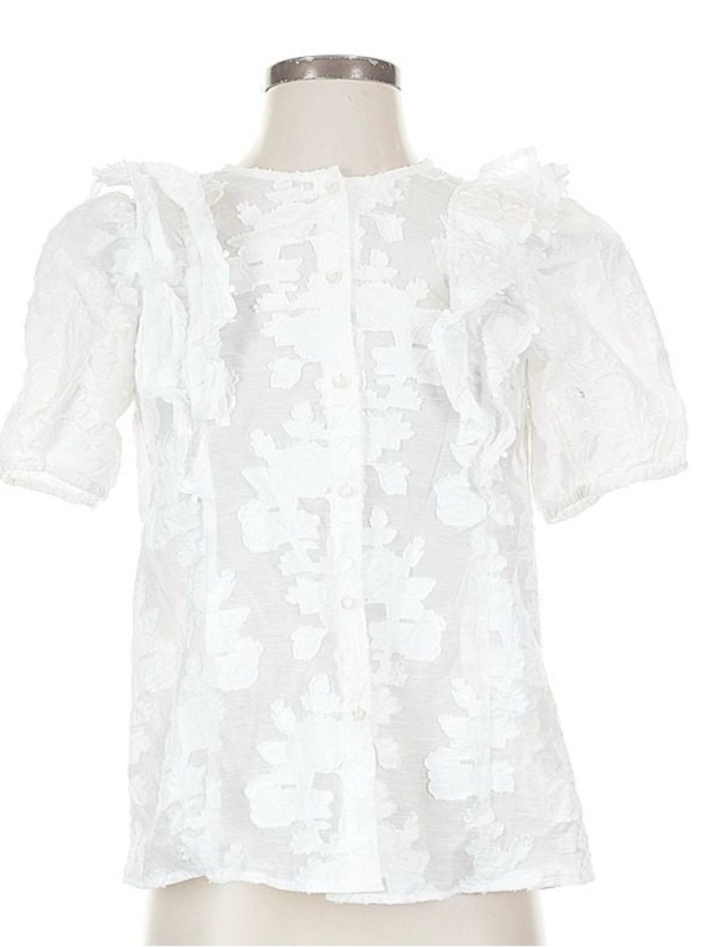 Sezane White Floral Appliqué Puff-Sleeve Blouse